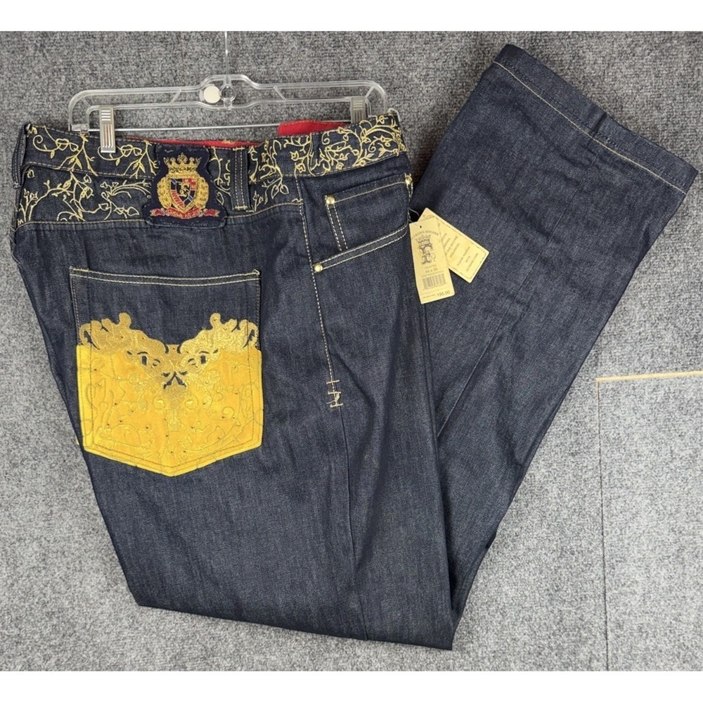 Crown Holder Men's Jeans 44x35 Embroidered Graphic Pockets Dark Wash Denim Flaw